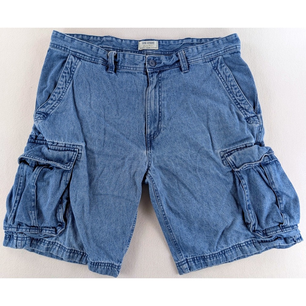 Epic Studio Mens 38 Blue Denim Cargo Shorts Light Wash 100% Cotton Work